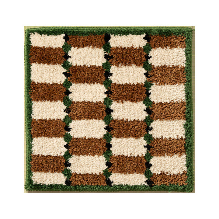 Square high-pile bath mat with textured block stripe look and contrasting edging