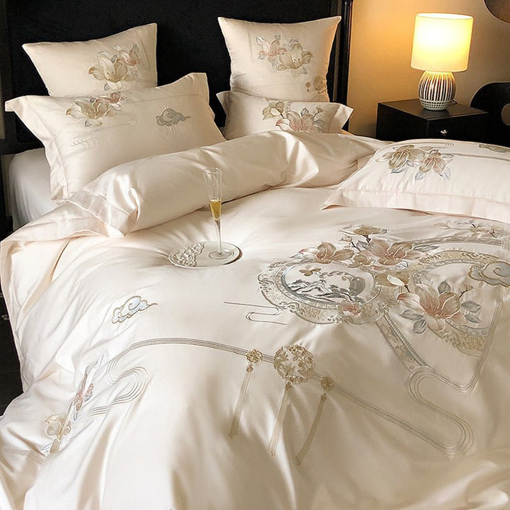 Embroidered Floral & Songbird Luxury Cotton Duvet Cover Set with Decorative Round Cushion