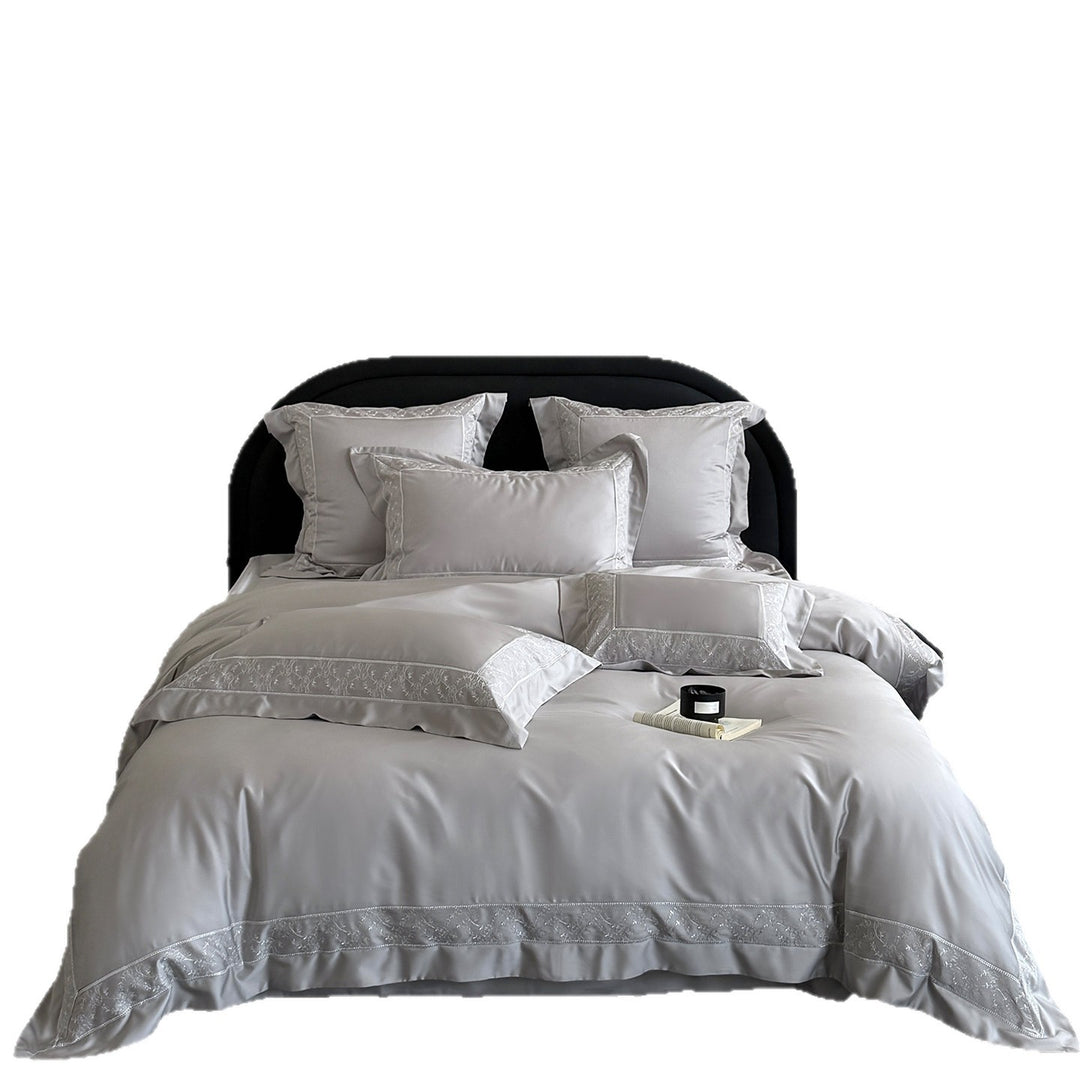 Sateen Duvet Cover Set with Delicate Vine Embroidery and Deep-Fitted Skirt