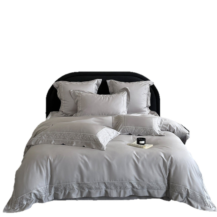 Sateen Duvet Cover Set with Delicate Vine Embroidery and Deep-Fitted Skirt
