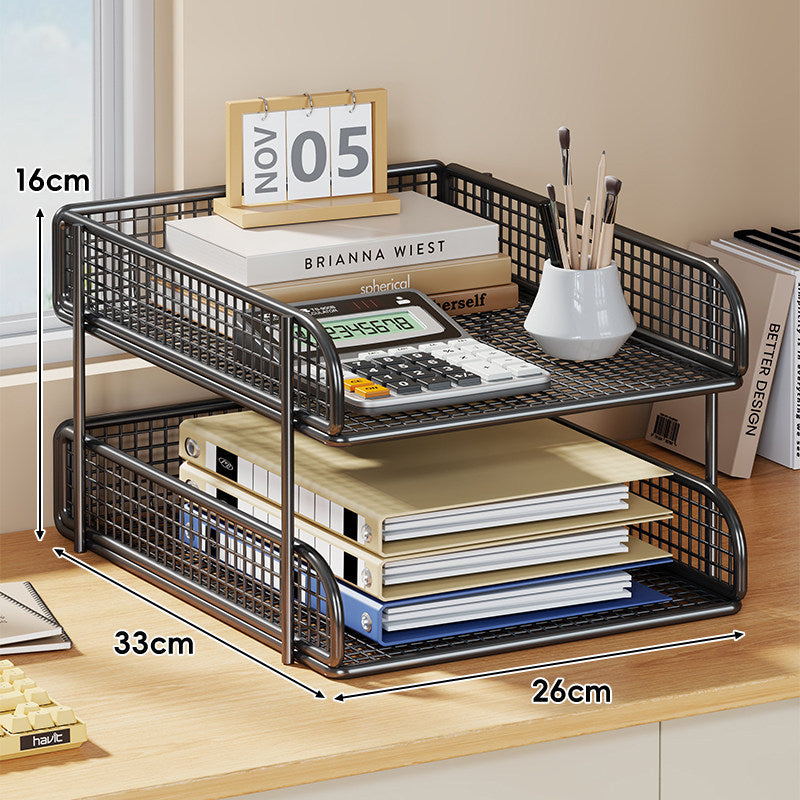 Compact Two-Tier Metal Mesh Desk Letter Tray & File Organizer