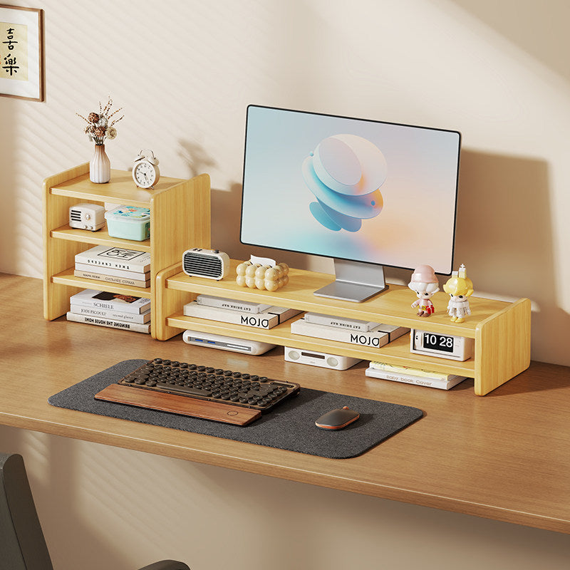 Solid Wood Monitor Riser and Desk Organizer with Dual-Level Shelf and Cable Management