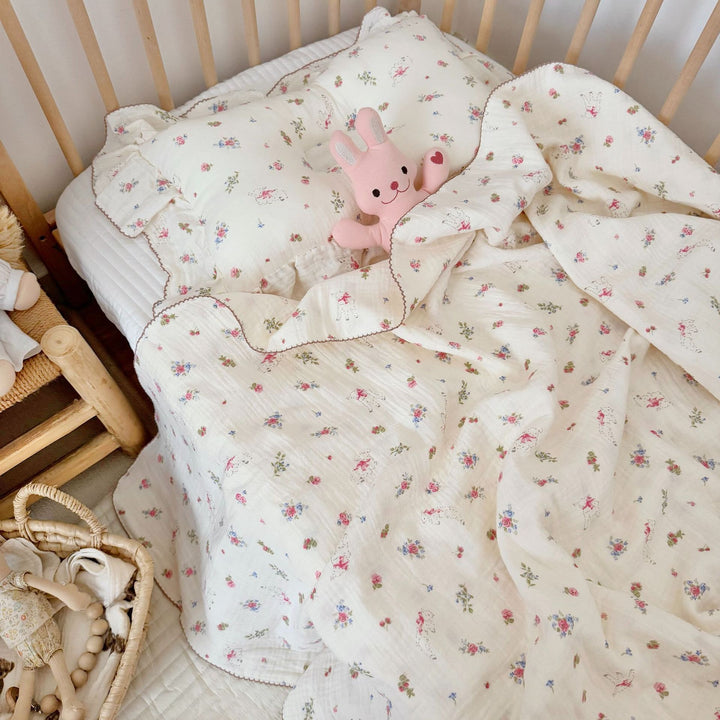 Unisex Muslin Blanket with delicate floral design and elegant ruffles Stornfield