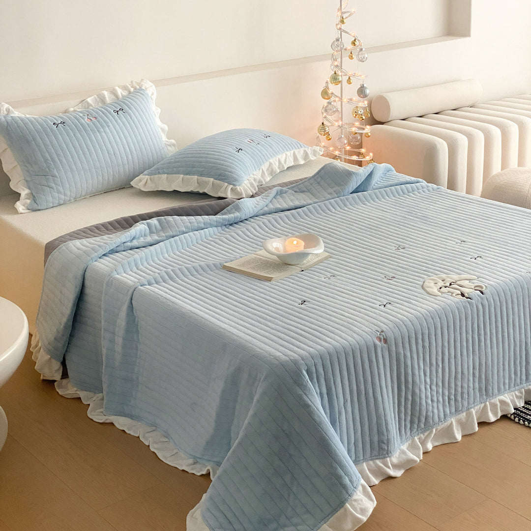 Quilted Ruffled Bedspread Set with Embroidered Bow Motifs and Ruffled Pillow Shams