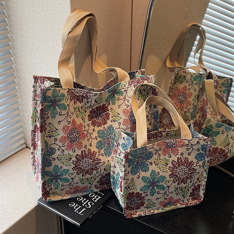 Floral Embroidered Tapestry Tote Bag