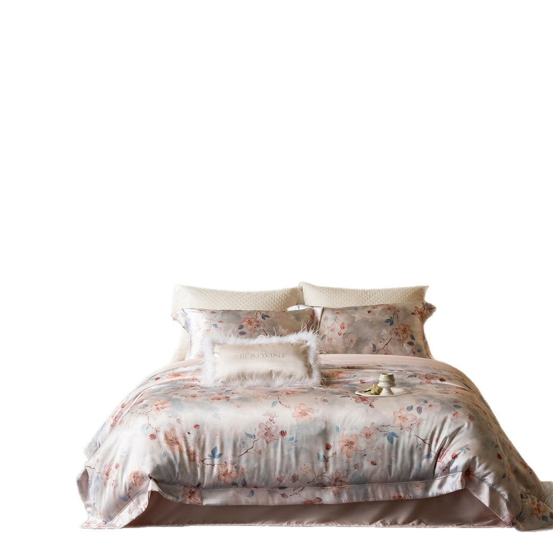 Silk-Effect Floral Satin Duvet Cover Set with Reversible Back & Hidden Zipper