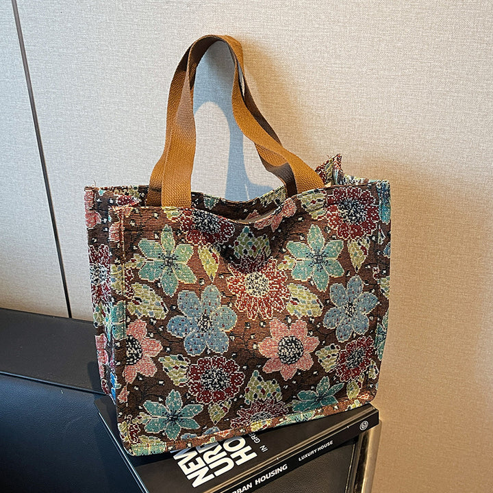 Floral Embroidered Tapestry Tote Bag