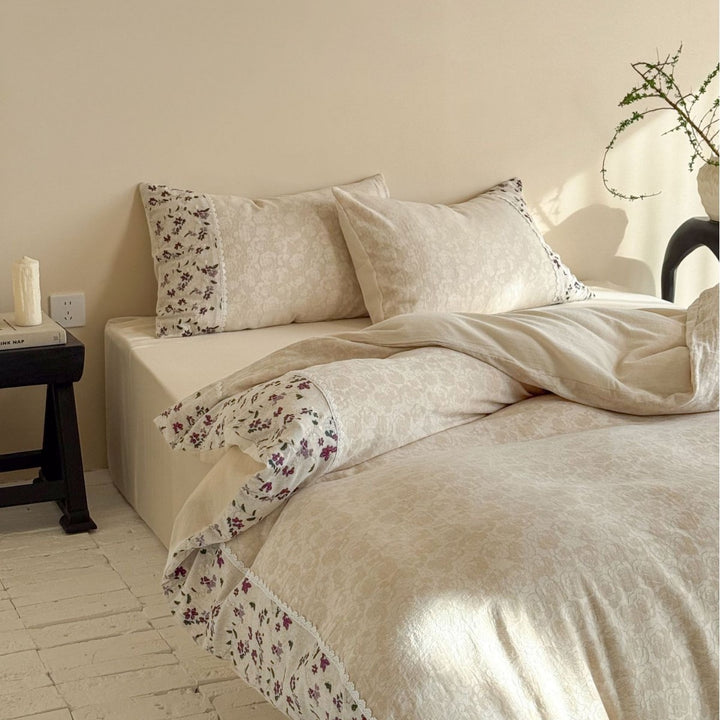 Floral-Trim Cotton Sateen Duvet Cover Set with Lace Edge