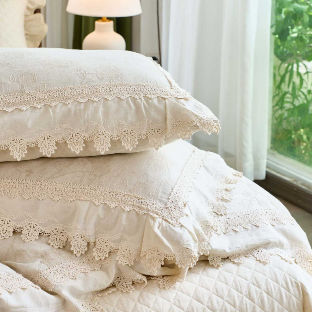 Cottage-Style Embroidered Cotton Duvet Cover Set with Crochet Lace Trim & Ruffle Bedskirt