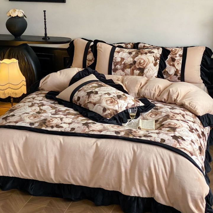 Ruffled Reversible Linen-Blend Duvet Cover Set with Botanical Print Panels & Tie Closures