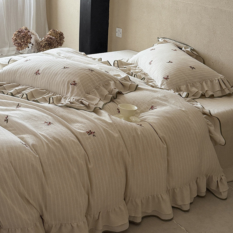 Embroidered Mini-Rose Ruffled Cotton-Linen Duvet Cover Set with Olive Piped Edge