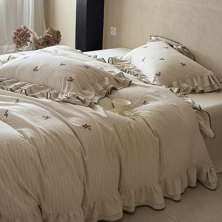 Embroidered Mini-Rose Ruffled Cotton-Linen Duvet Cover Set with Olive Piped Edge
