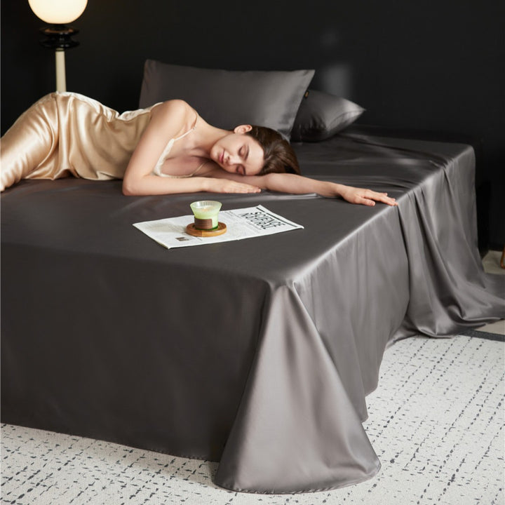 Silky Satin-Feel Long-Drop Flat Sheet and Pillowcase Set