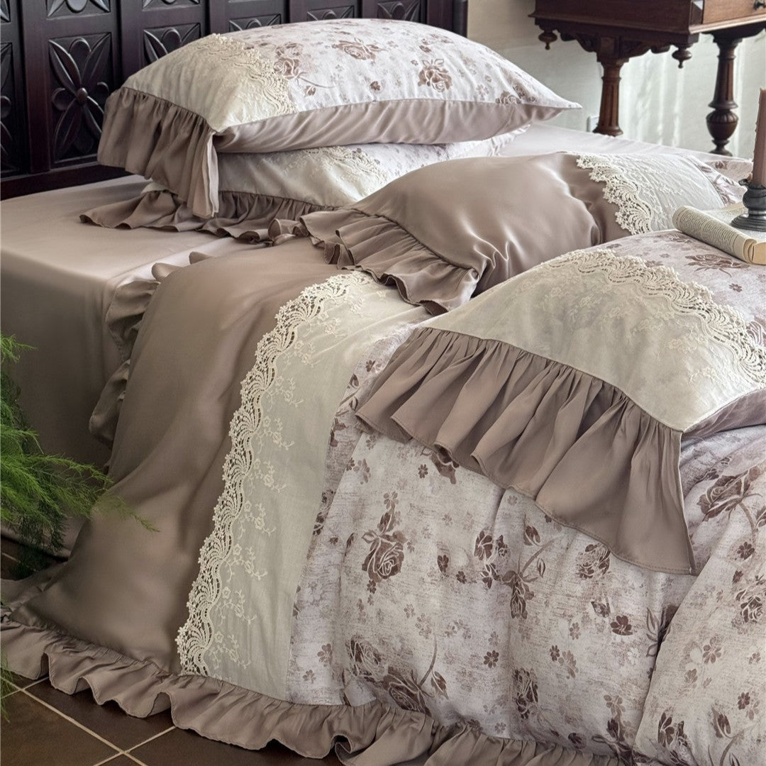 Victorian-Inspired Ruffled Lace-Trim Cotton-Sateen Duvet Cover Ensemble