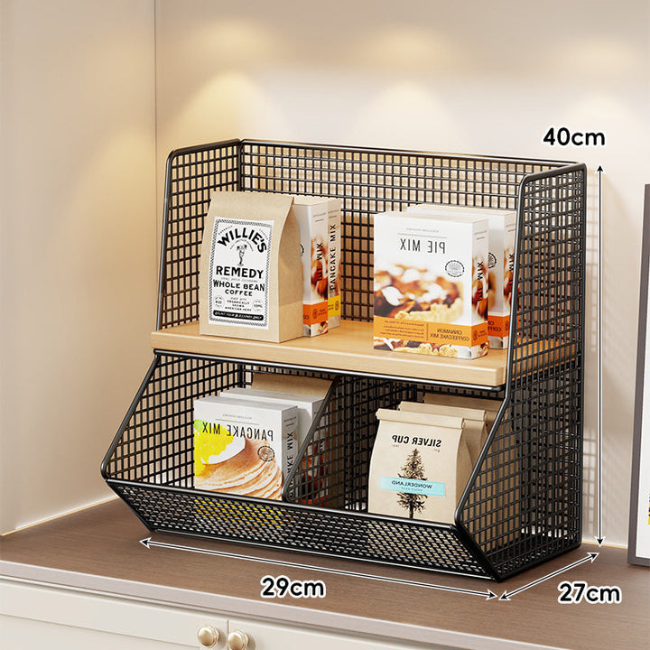Compact Mesh Countertop Pantry Organizer with Two Wooden Shelves and Deep Front Basket