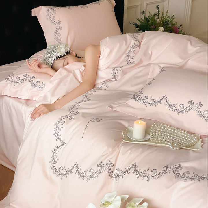 Embroidered Cotton Sateen Duvet Cover Set with Decorative Shams and Pillowcases