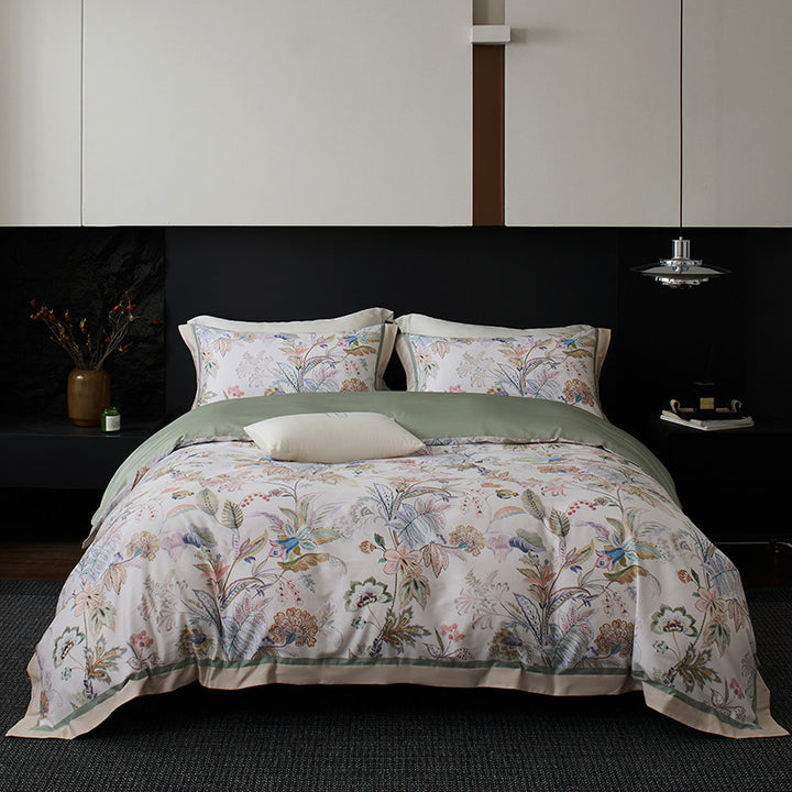 Botanical Vintage Meadow Print Cotton Duvet Cover Set with Sateen Reverse & Matching Shams