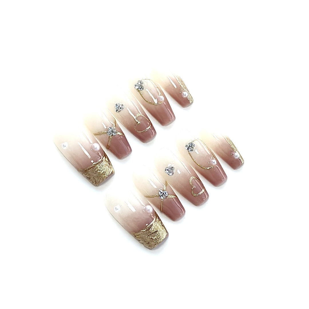 Elegant Ombre Press-On Nails with Pearlescent and Gold Accents