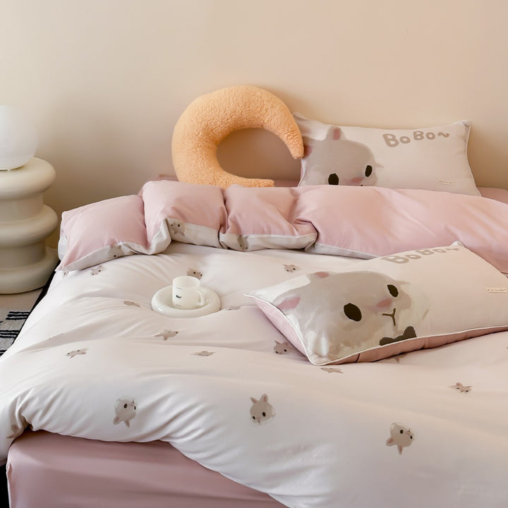 Children's bedding set with delicate bunny watercolor designs and extra-soft jersey touch