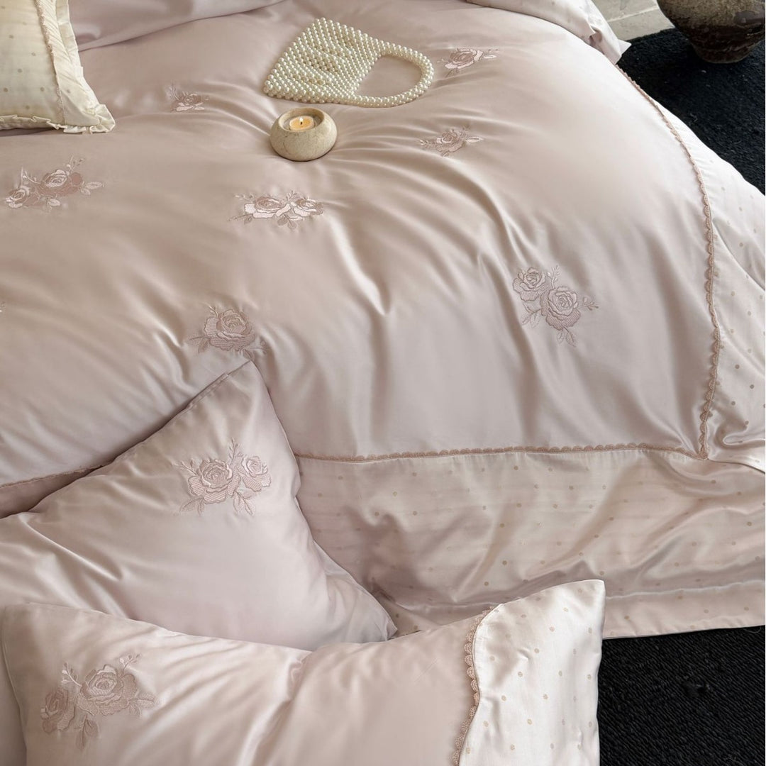 Embroidered Satin-Feel Duvet Cover & Comforter Set with Decorative Pillow Shams and Scalloped Edge