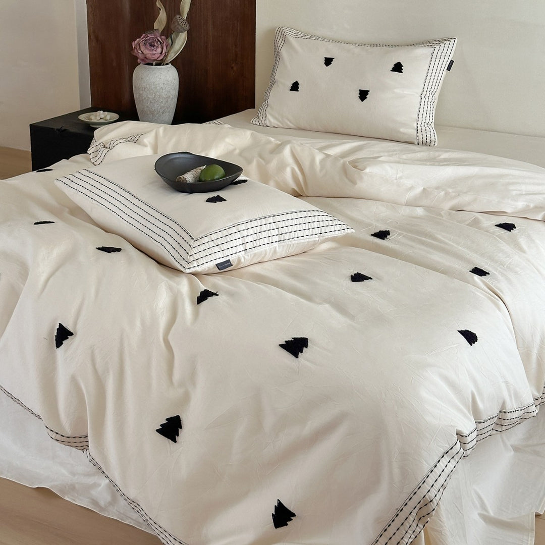 Embroidered Cotton Duvet Cover Set with Scattered Tuft Motifs and Triple-Stitch Border