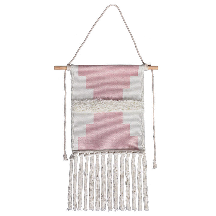 Wall hanging with hand-tufted 3D application and cotton fringes