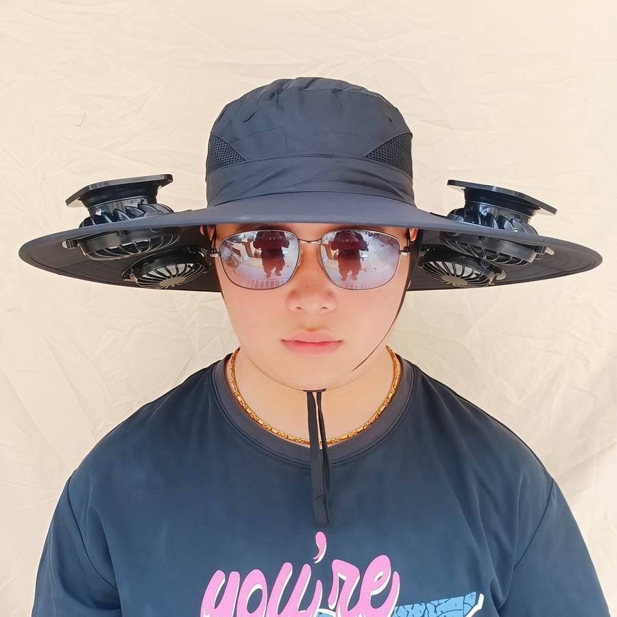 Wide-brimmed sun hat with detachable swivel solar fans and adjustable chin strap Stornfield