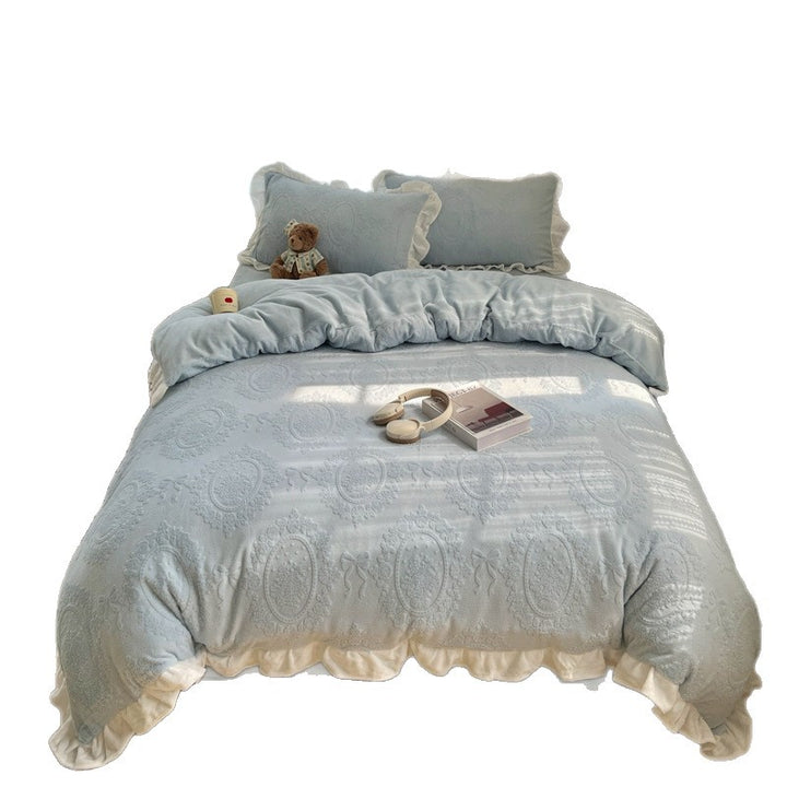 Plush Embossed Velvet-Feel Ruffled Duvet Cover Set with Frilled Pillow Shams