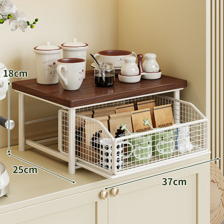 Sliding Mesh Cabinet Basket with Wood-Top Counter Riser