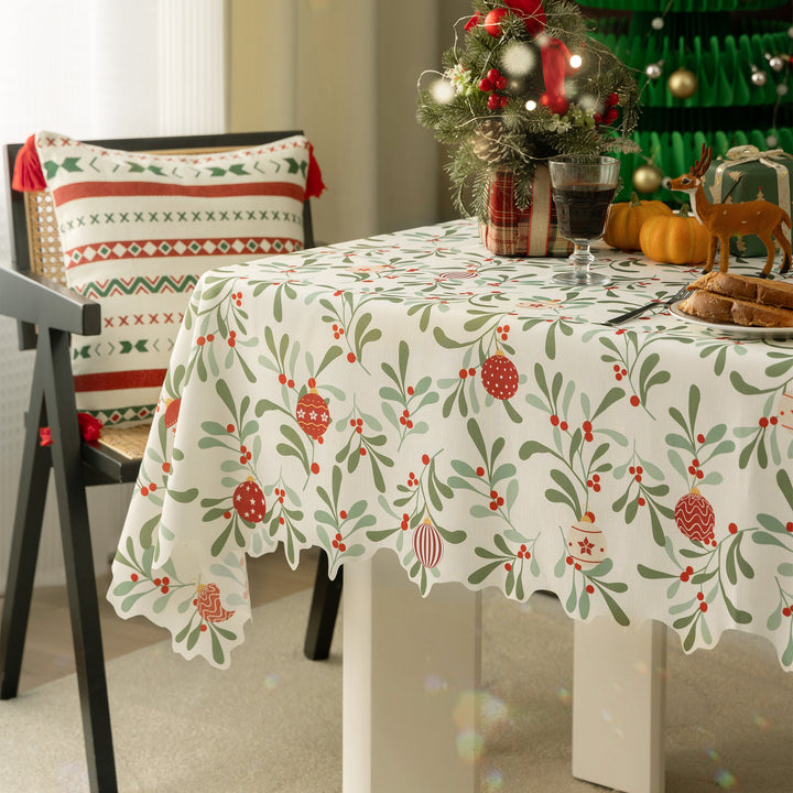 Festive rectangular tablecloth with mistletoe and Christmas ornament motif Stornfield