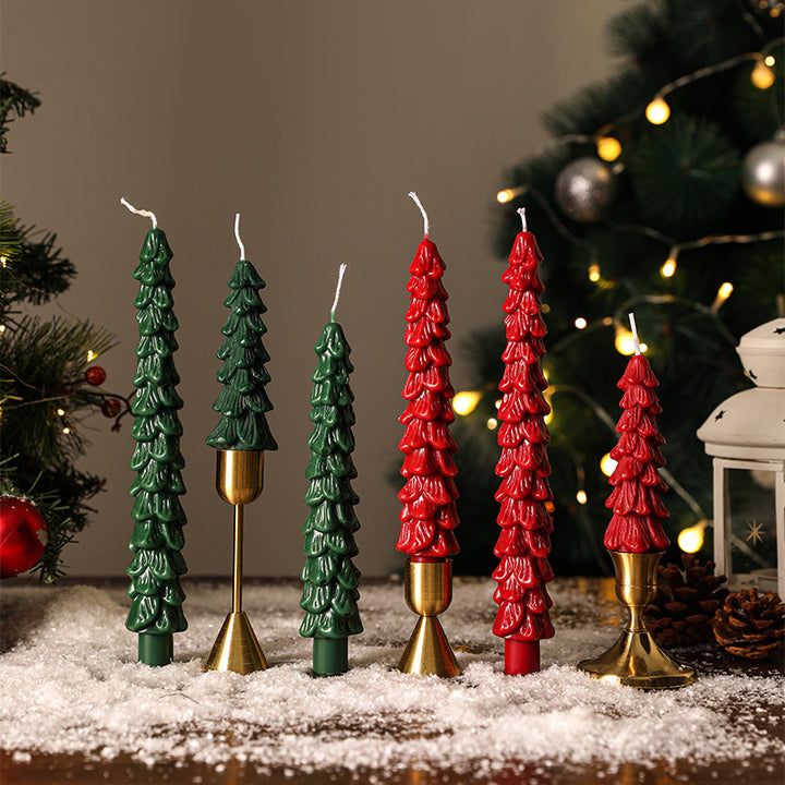Festive Sculpted Pine Taper Candle Trio with Brass Holders