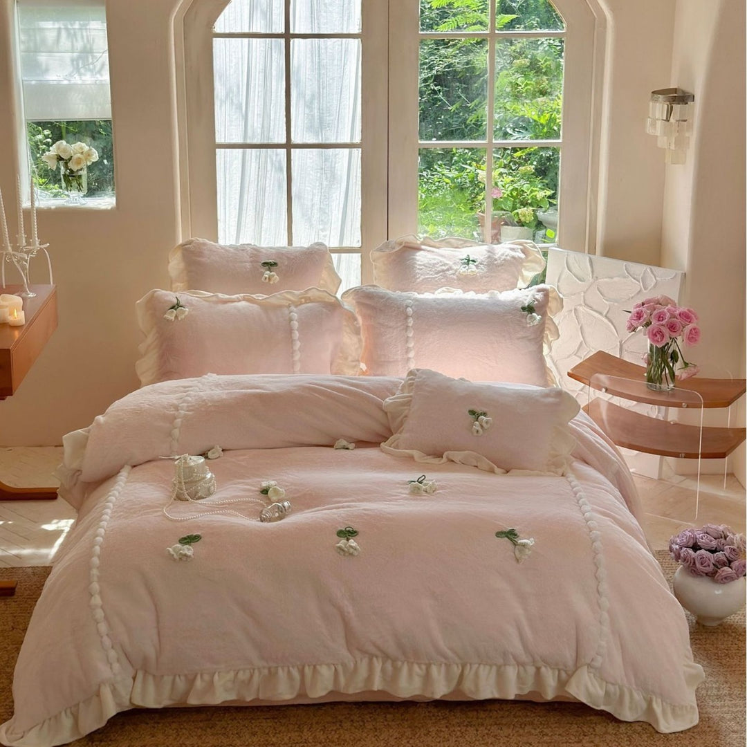 Floral Embroidered Ruffled Duvet Cover Set