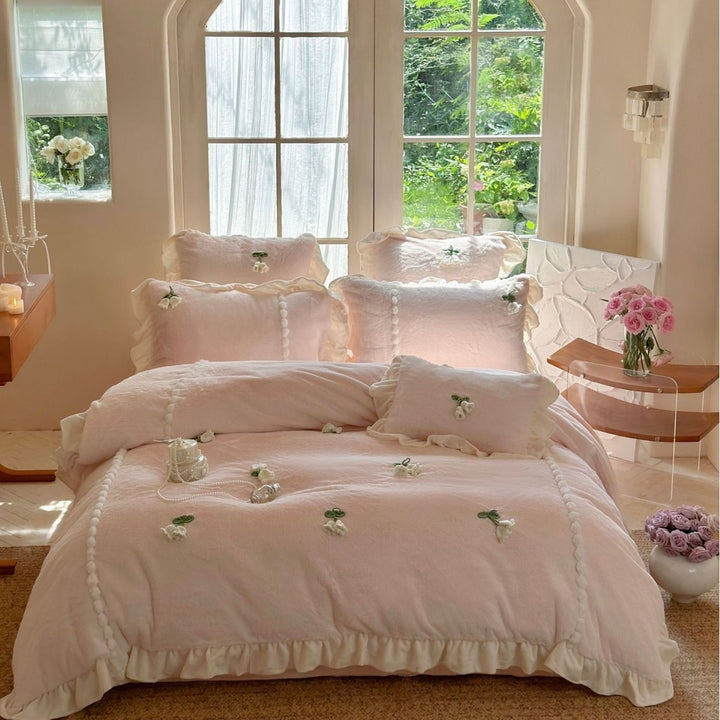 Floral Embroidered Ruffled Duvet Cover Set