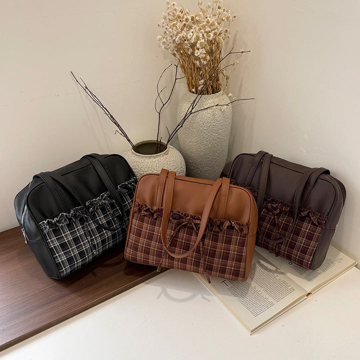 Stylish Plaid Trimmed Satchel