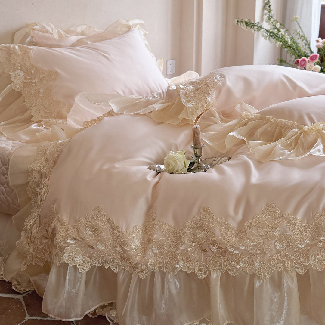 Romantic Organza-Ruffled Lace-Edge Duvet Cover Set with Frilled Pillow Shams