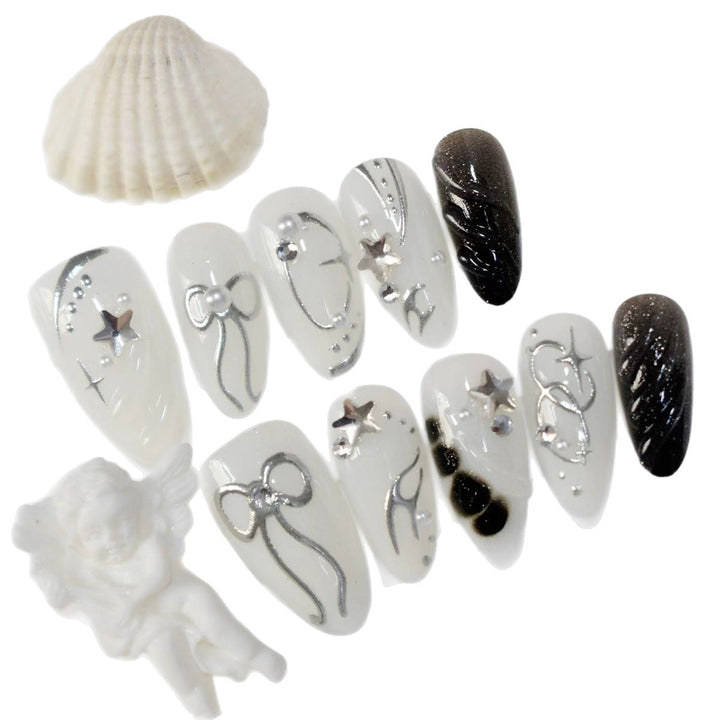 Creative Press-On Nail Art Set with Elegant Silver Accents Stornfield