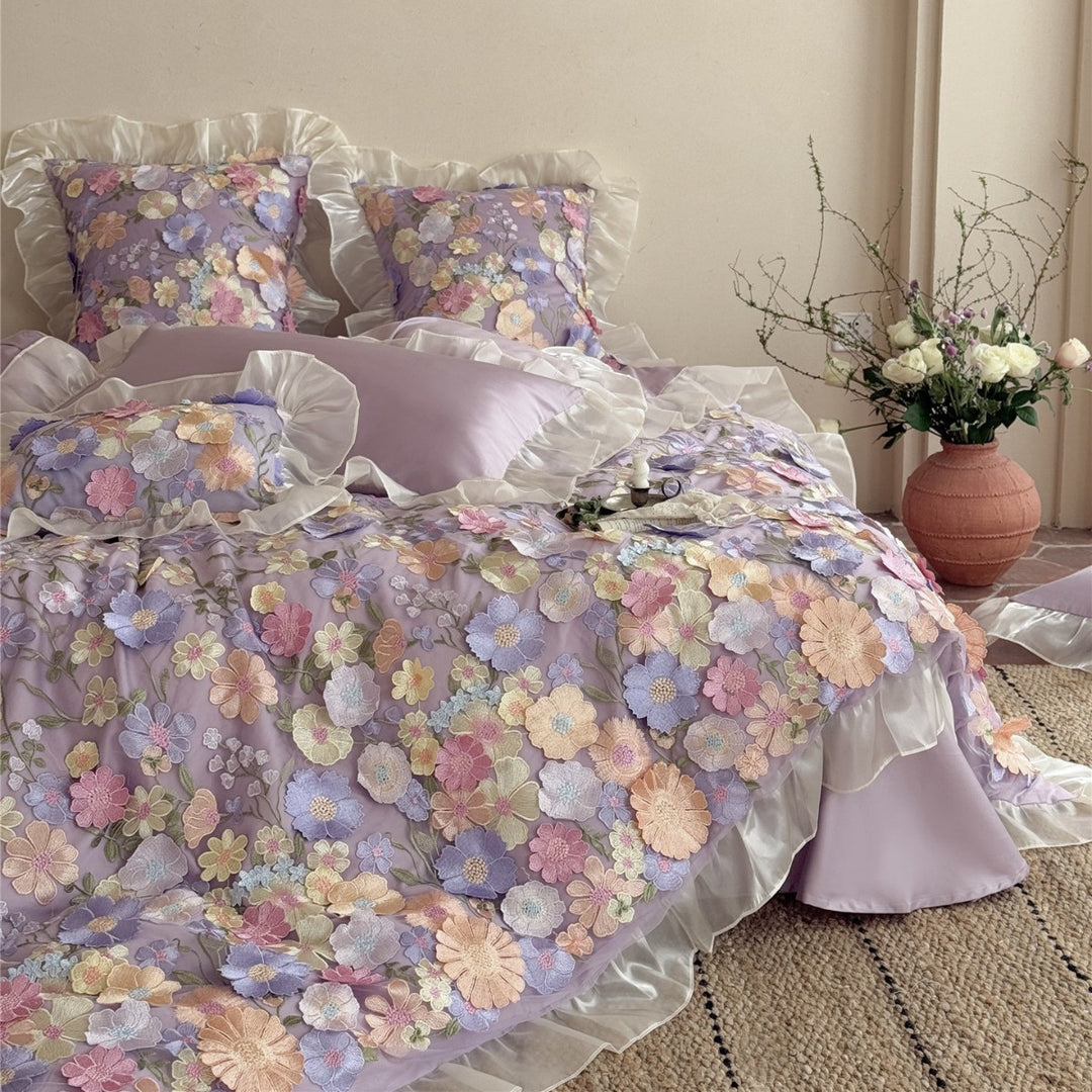 3D Floral Lace Appliqué Ruffled Duvet Cover Set