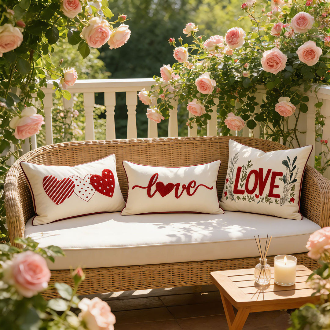 Embroidered Tufted LOVE Botanical Accent Pillow Cover