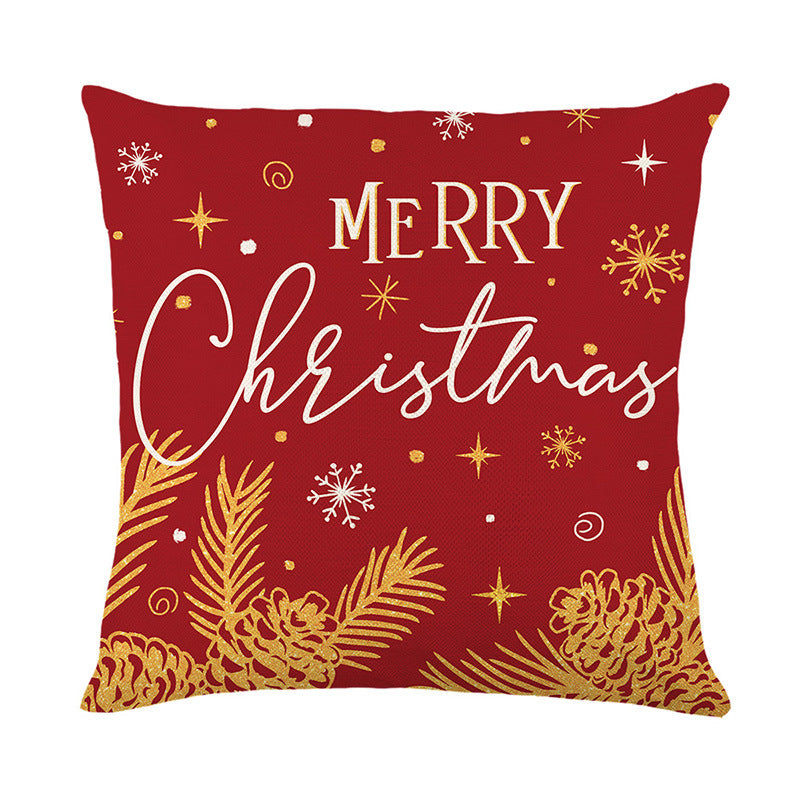 Square Holiday Linen-Feel Throw Pillow Cover with Hello Winter Script and Metallic Gold Botanical Accents
