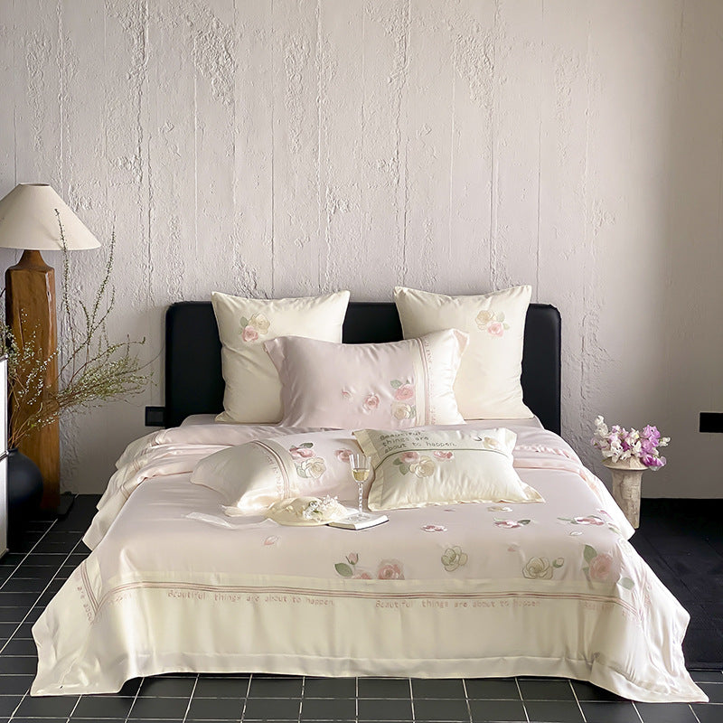 Silk-Blend Botanical Embroidered Duvet Cover Set with Satin Border & Decorative Shams