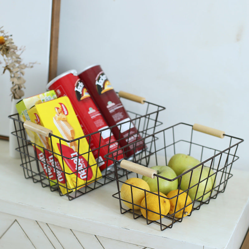 Unisex Wire Storage Basket with Ergonomic Wooden Handles Stornfield