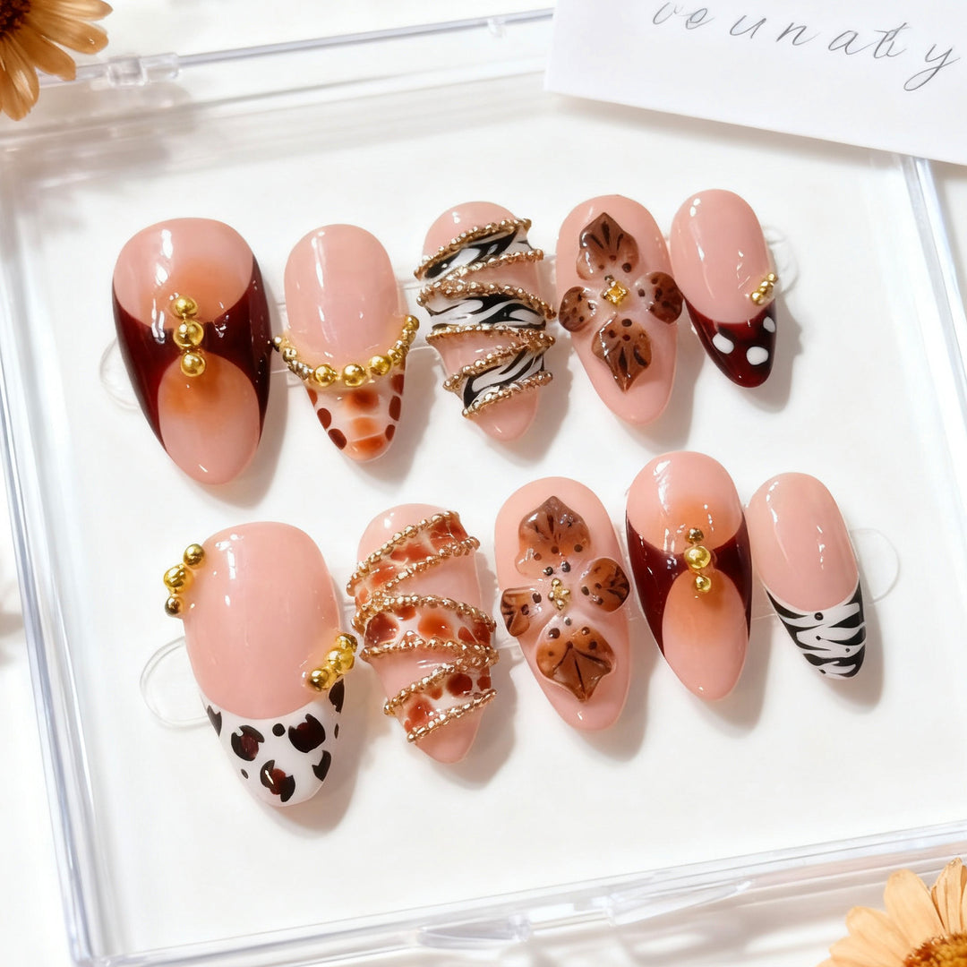 Artistic Press-On Nail Art Set with Floral and Gem Embellishments Stornfield