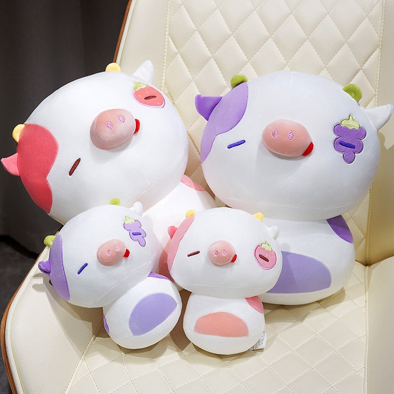 Plush Stacked Cow Cuddle Pillow with Embroidered Grape Motif & Weighted Bean-Core Stornfield