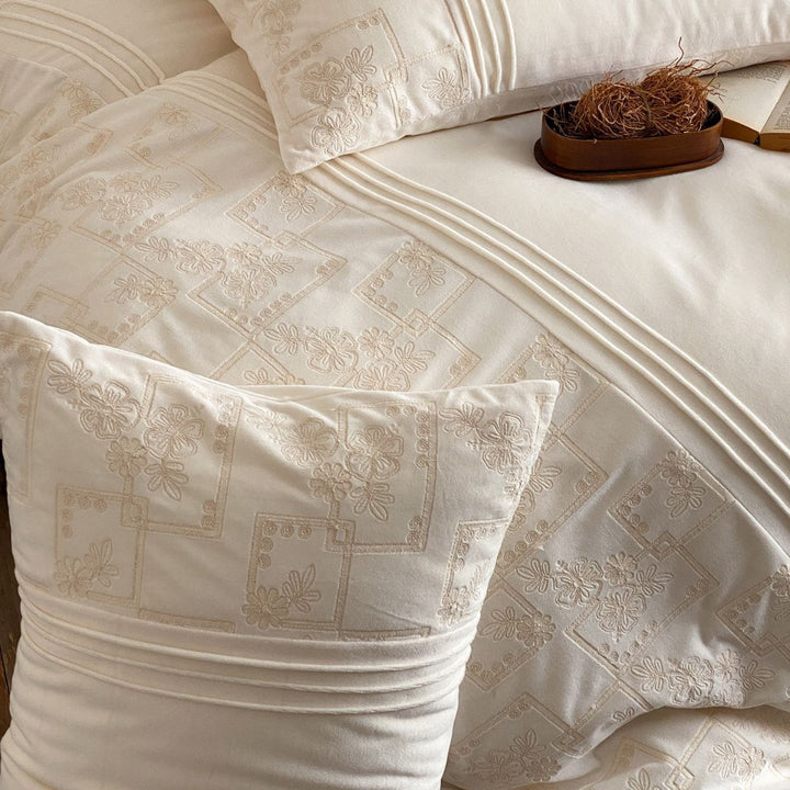 Embroidered Cotton Sateen Duvet Cover Set with Pintuck Panels and Pillow Shams