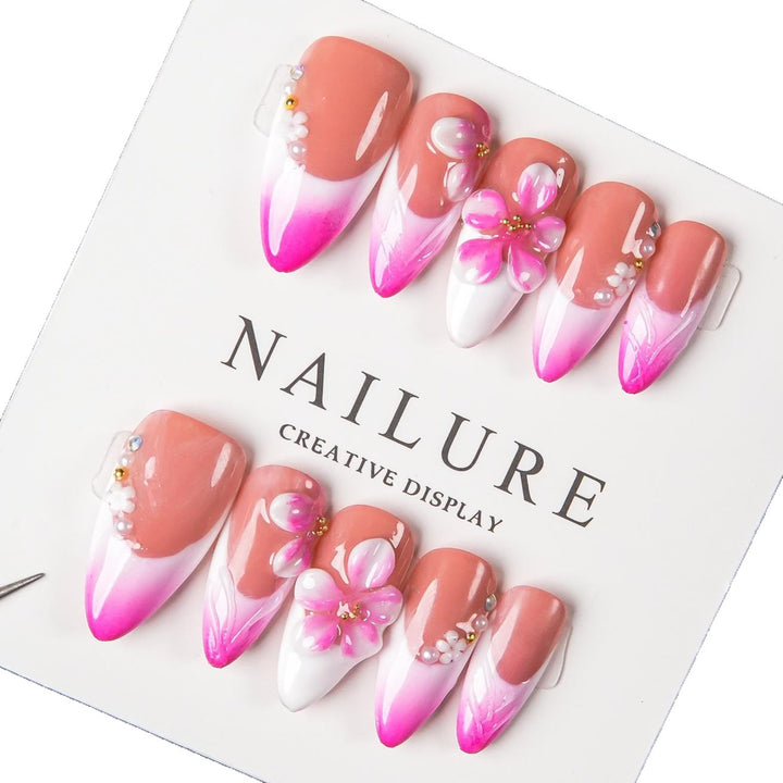 Floral Design Press-On Nail Set with Gem Accents