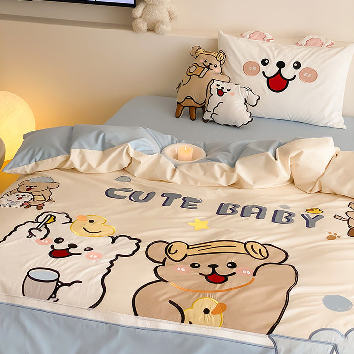 Cartoon Animal Reversible Microfiber Duvet Cover Set with Pillow Shams