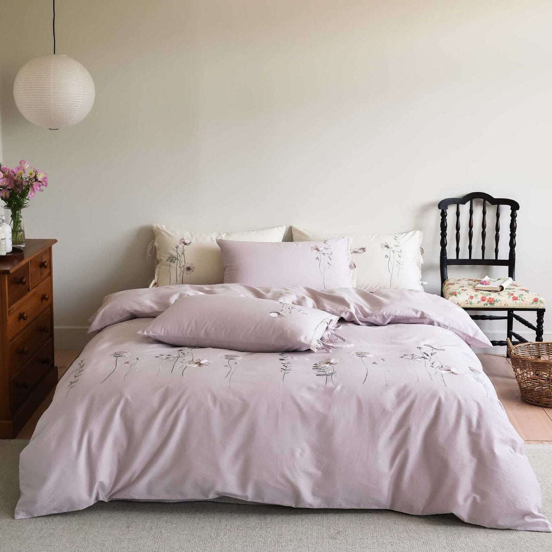 Floral Embroidered Cotton Duvet Cover Set with Tie-Sham Detailing