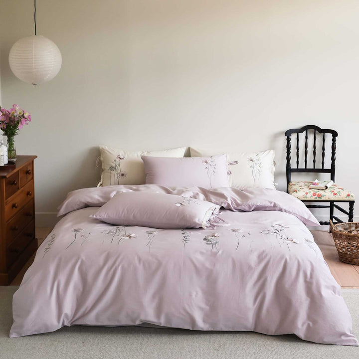 Floral Embroidered Cotton Duvet Cover Set with Tie-Sham Detailing