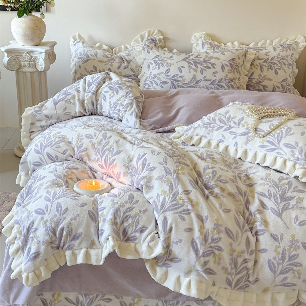 Ruffled Cotton Flannel Duvet Cover and Sham Bedding Set