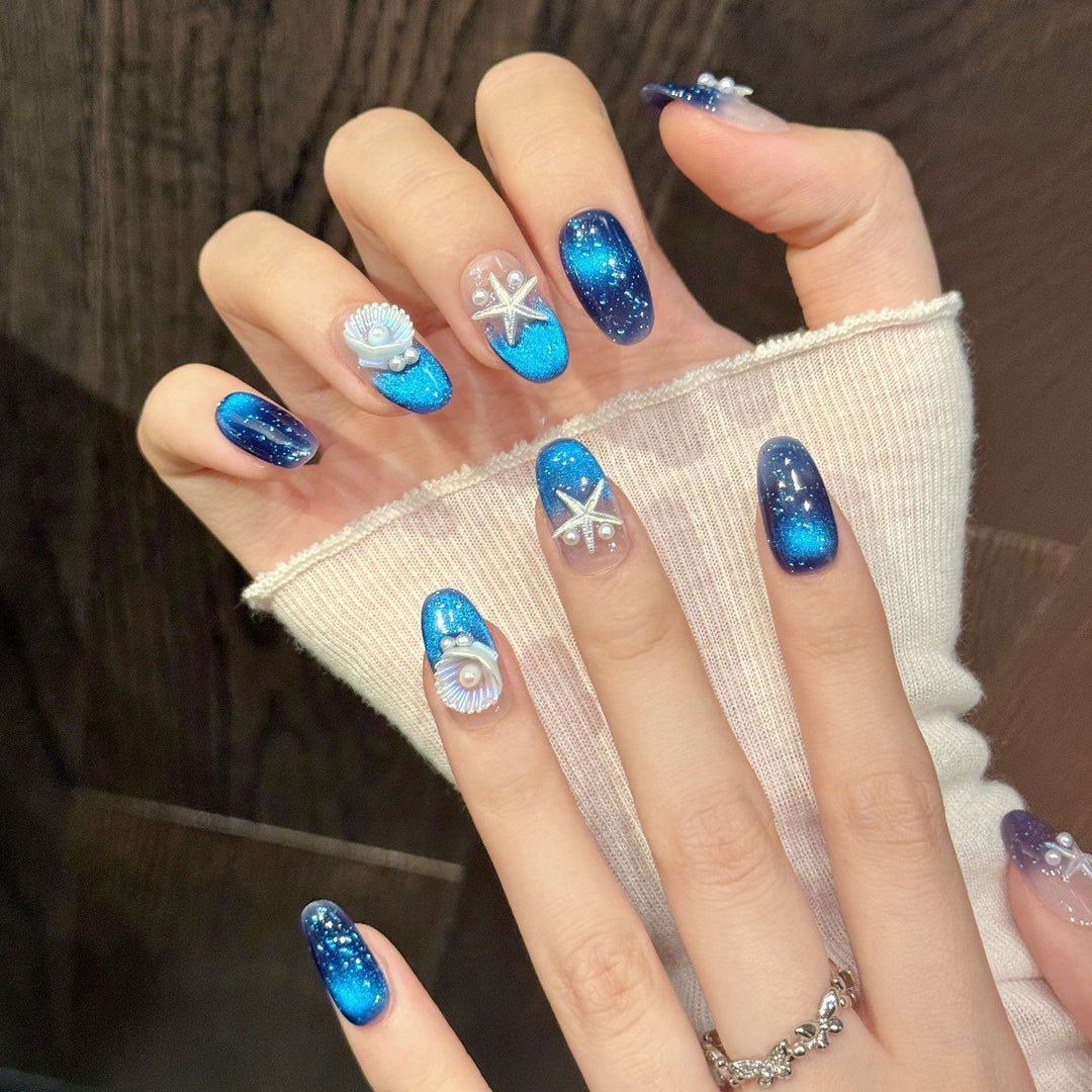 Ocean-Inspired Press-On Nail Set with Starfish and Shell Designs